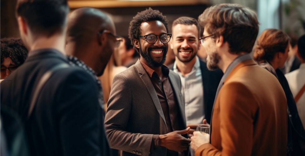 Professionals engaging in conversation at a networking event, emphasizing how consistent relationship-building activities improve a firm’s customer relationship score and client retention.