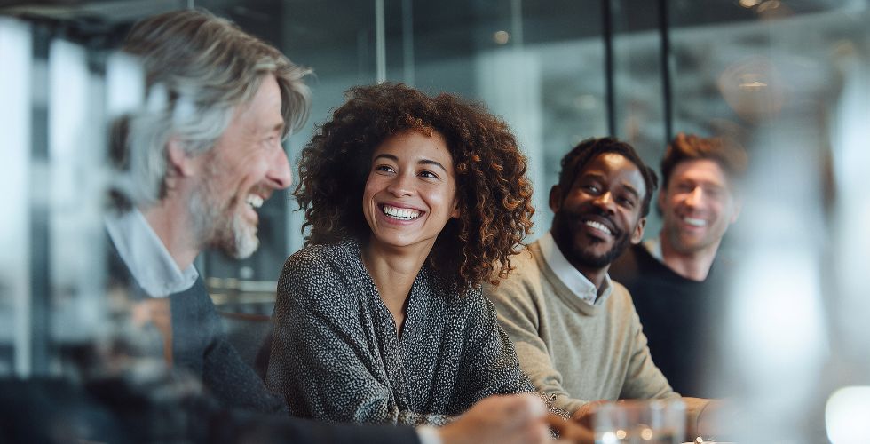 A group of colleagues smiling and talking during a meeting, representing strong professional relationships and collaboration.