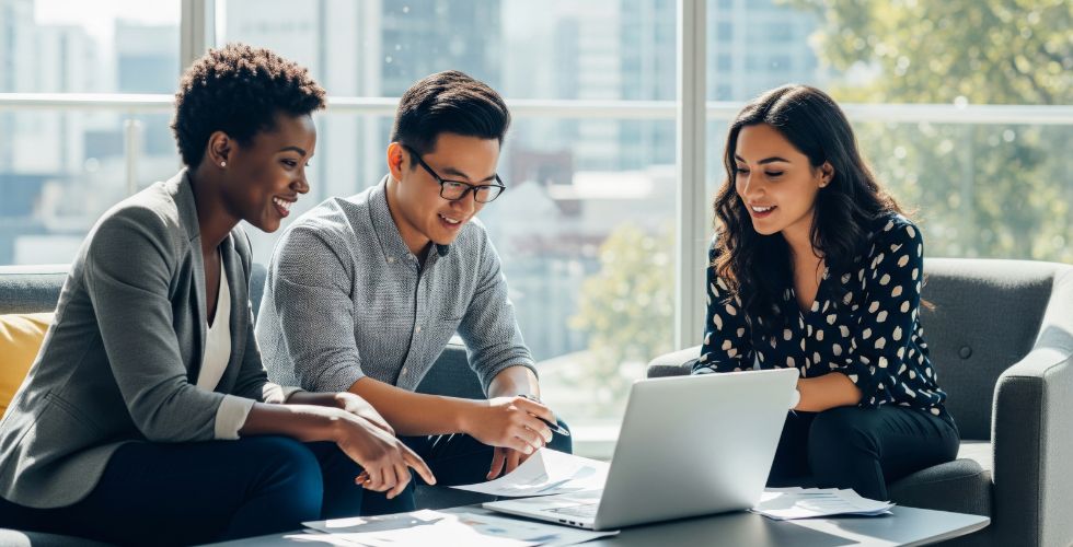Three business professionals seated together in a bright, modern office review documents and collaborate around a laptop, symbolizing how relationship insights captured in CRM systems can drive revenue growth and new opportunities in professional services firms.