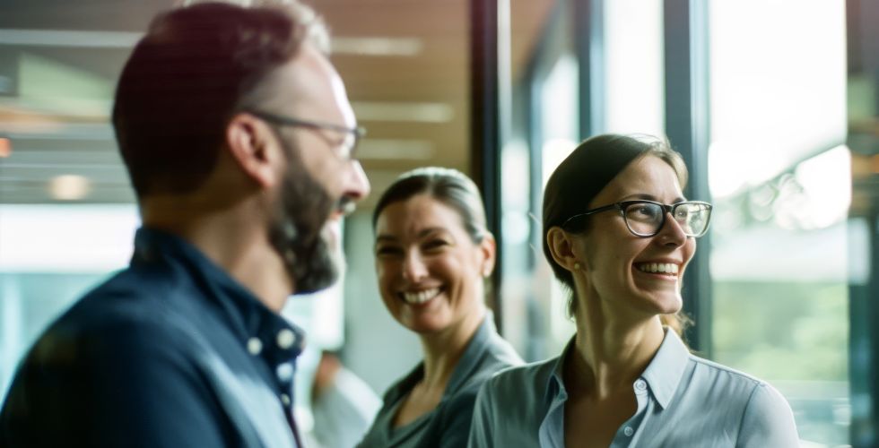 Professionals smiling after an internal alignment meeting where a colleague agreed to make a warm introduction, representing how prospect pathway mapping software helps teams activate existing relationships instead of cold outreach.